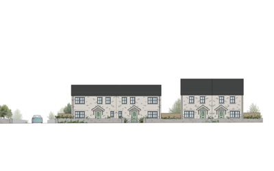 Streetscene illustration showing four semi-detached light brick homes
