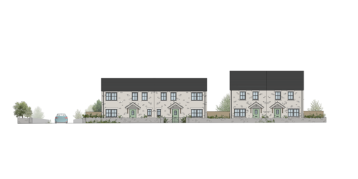 Streetscene illustration showing four semi-detached light brick homes