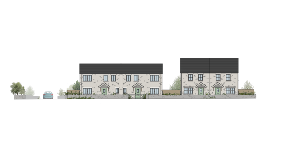 Streetscene illustration showing four semi-detached light brick homes