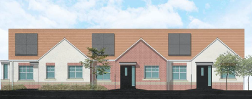 CGI image of terraced bungalows with solar panels on the roofs