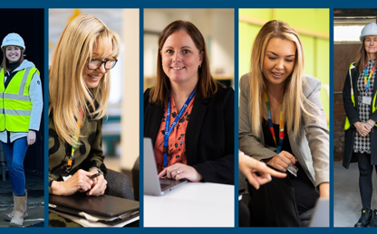 Collage of female staff at North Star. Some are working in an office, and others are on building sites in high vis jackets and hard hats.