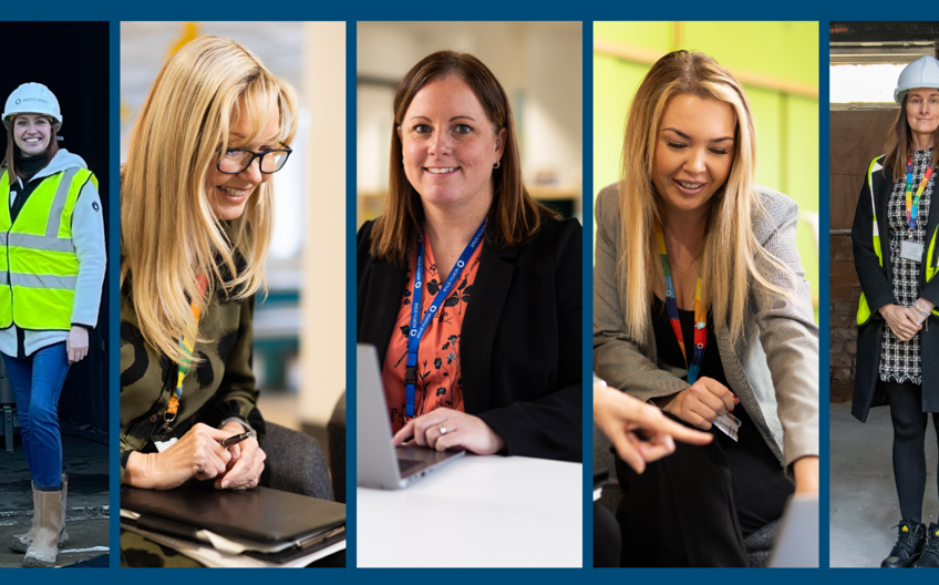 Collage of female staff at North Star. Some are working in an office, and others are on building sites in high vis jackets and hard hats.